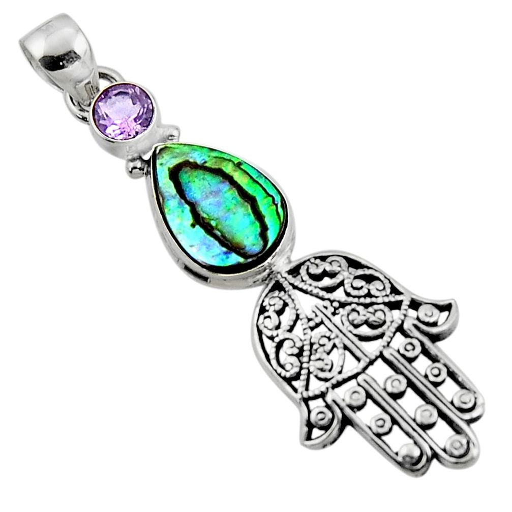 4.90cts natural abalone paua seashell silver hand of god hamsa pendant r52828