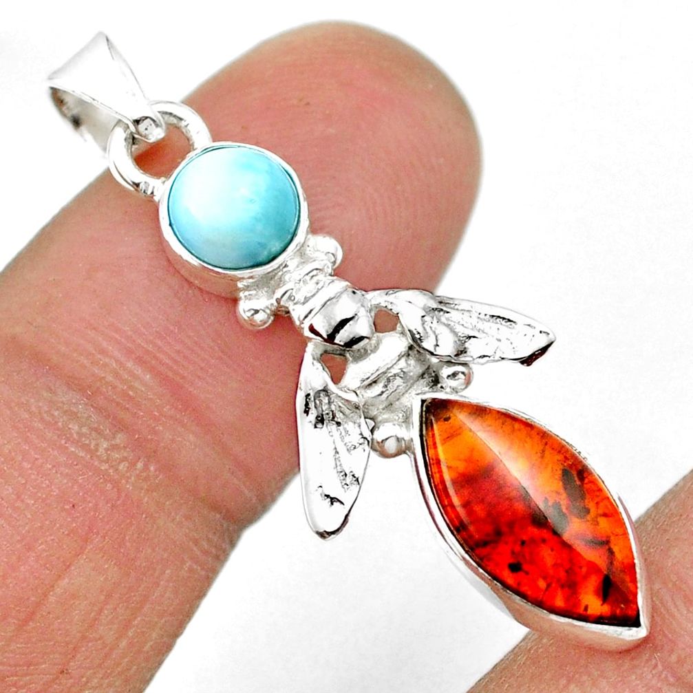 3.39cts natural amber larimar 925 sterling silver honey bee pendant u12768