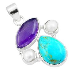 8.93cts natural amethyst arizona mohave turquoise pearl silver pendant u32053