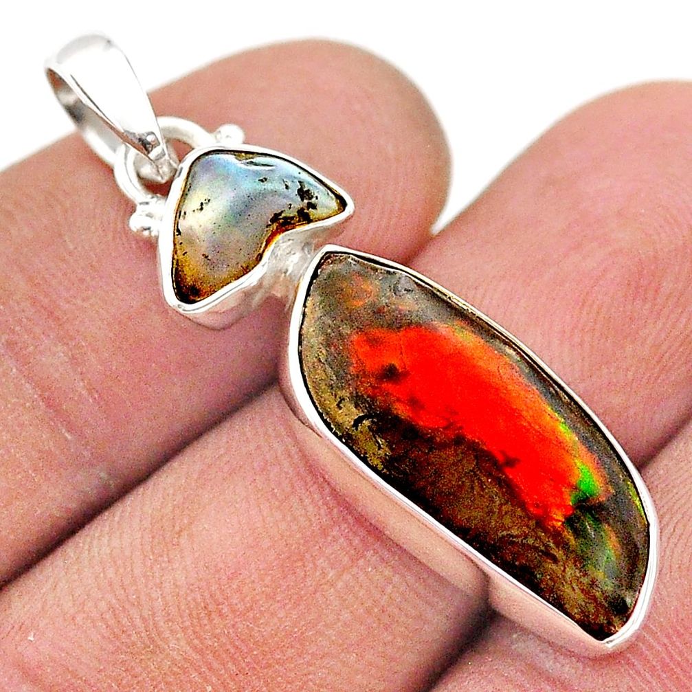 8.95cts natural ammolite (canadian) ethiopian opal rough silver pendant t70252