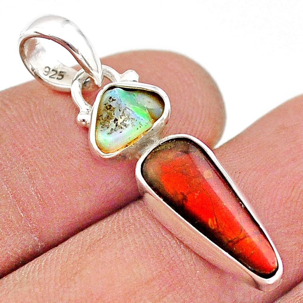 7.06cts natural ammolite (canadian) ethiopian opal rough silver pendant t70257