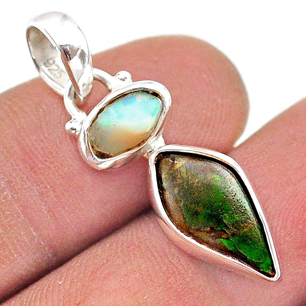 6.36cts natural ammolite ethiopian opal rough fancy 925 silver pendant t70238