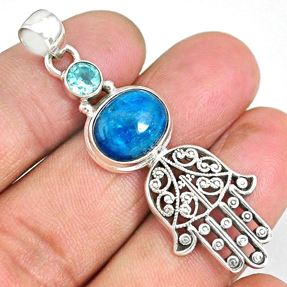 6.16cts natural apatite (madagascar) 925 silver hand of god hamsa pendant r90393