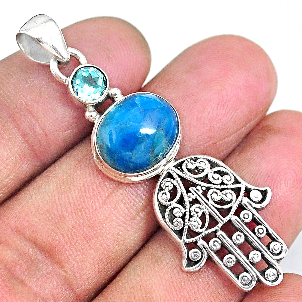 6.86cts natural apatite (madagascar) 925 silver hand of god hamsa pendant r90400