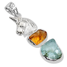 10.54cts natural aqua aquamarine citrine rough 925 silver horse pendant n13437