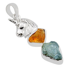 12.73cts natural aqua aquamarine citrine rough 925 silver horse pendant n13479