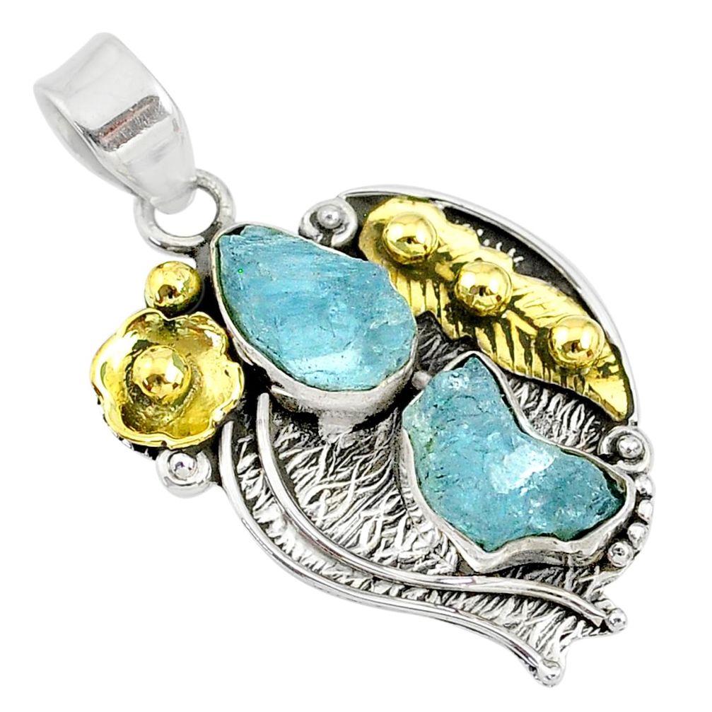 10.43cts natural aqua aquamarine rough 925 silver 14k gold pendant t10665