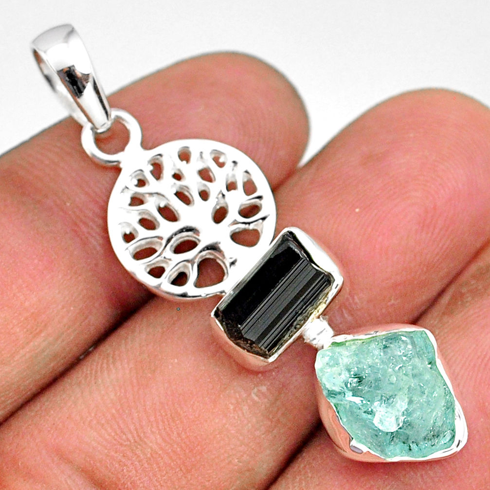 9.56cts natural aqua aquamarine raw 925 silver tree of life pendant r80792