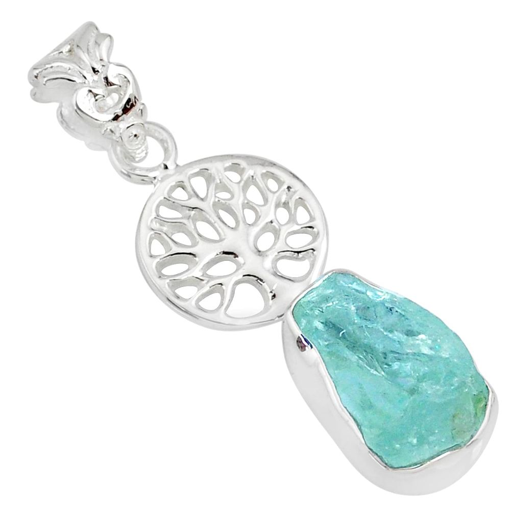 7.33cts natural aqua aquamarine raw 925 silver tree of life pendant r80924