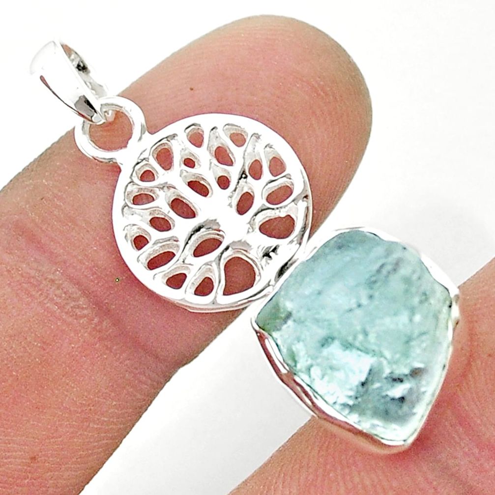 6.85cts natural aqua aquamarine rough 925 silver tree of life pendant u42366