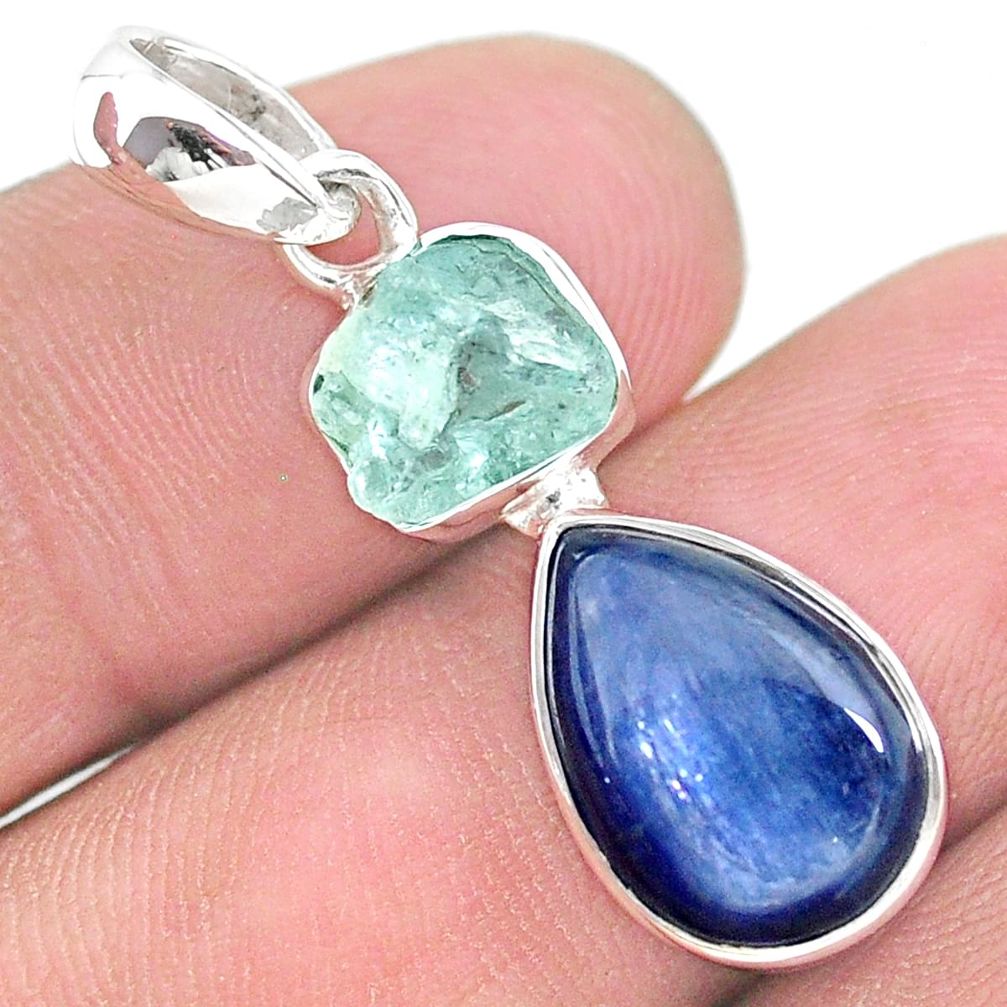 8.22cts natural aqua aquamarine raw kyanite 925 sterling silver pendant t25508