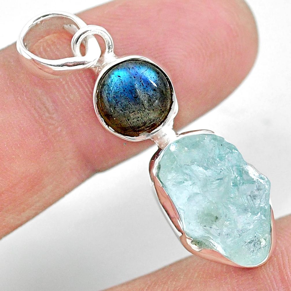 8.24cts natural aqua aquamarine raw labradorite 925 silver pendant t25461