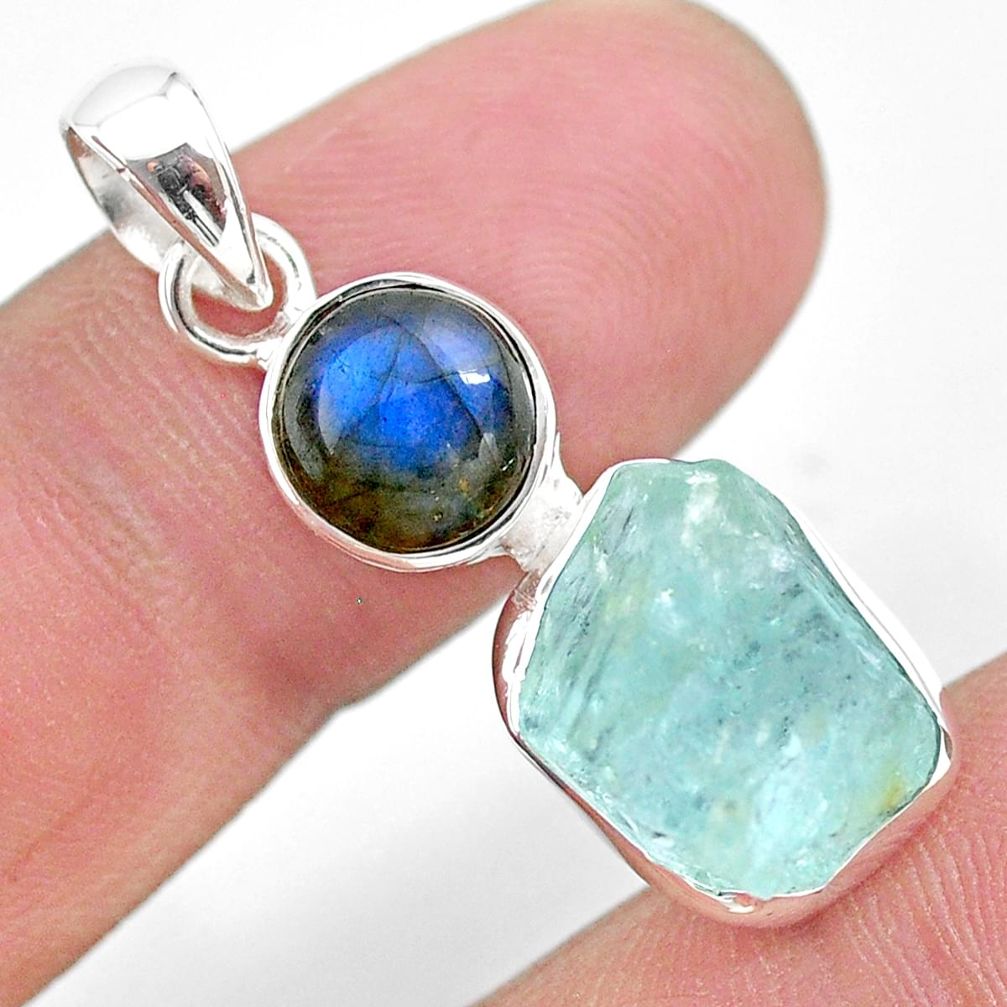 10.32cts natural aqua aquamarine raw labradorite 925 silver pendant t25462