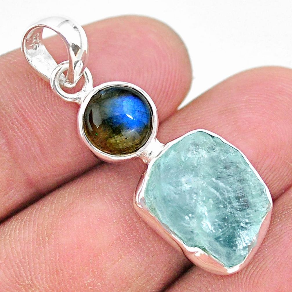 9.37cts natural aqua aquamarine raw labradorite 925 silver pendant t25482