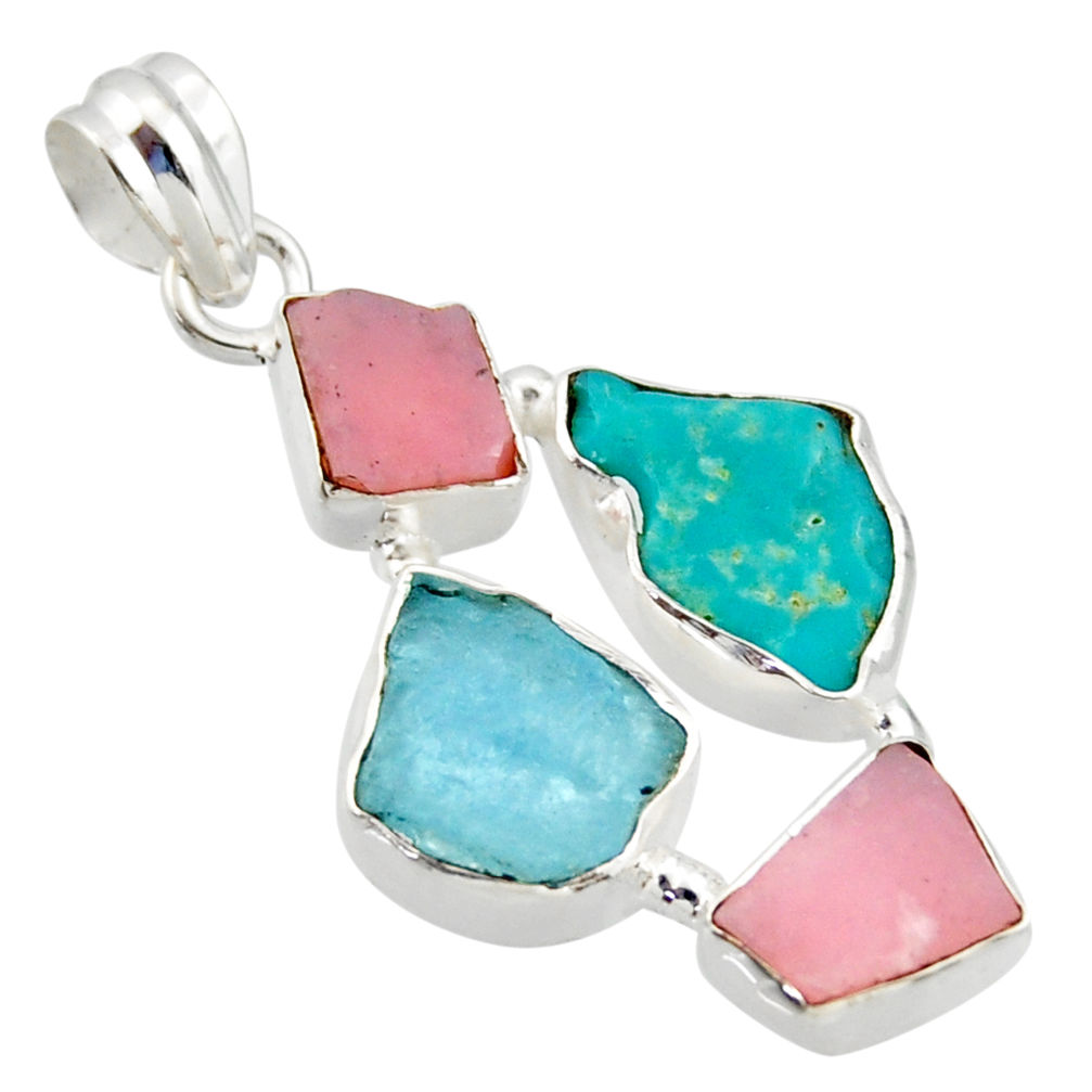 15.89cts natural aqua aquamarine rough pink opal 925 silver pendant r40310