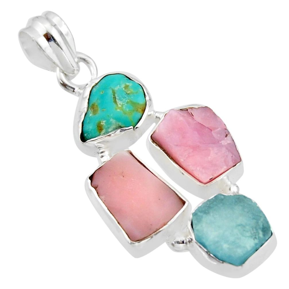 16.54cts natural aqua aquamarine rough pink opal 925 silver pendant r40315