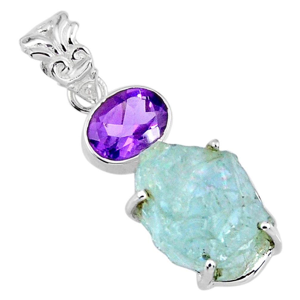 15.65cts natural aqua aquamarine rough purple amethyst 925 silver pendant r57009