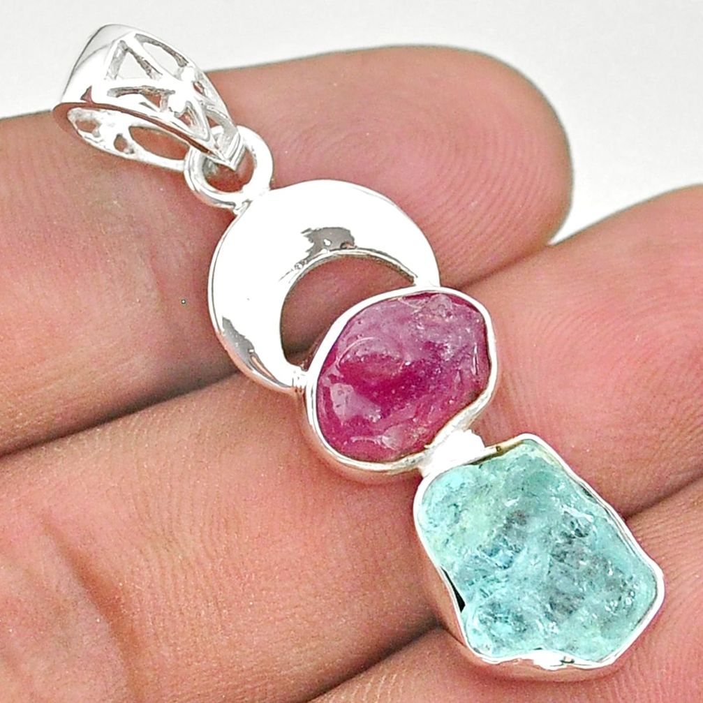 11.07cts natural aqua aquamarine rough ruby moon 925 silver pendant t33602