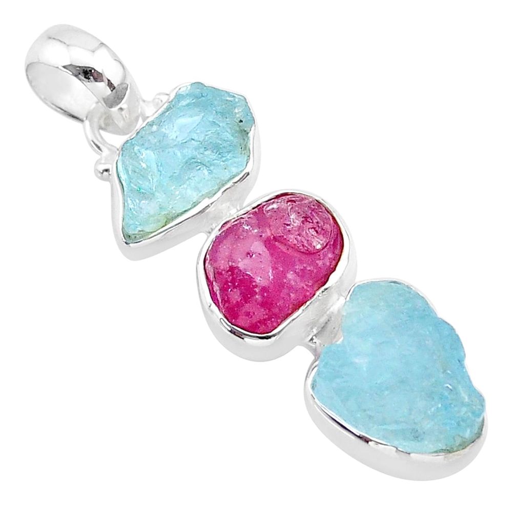 12.60cts natural aqua aquamarine raw ruby raw 925 silver pendant t33329