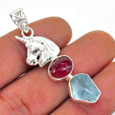 7.84cts natural aqua aquamarine ruby rough fancy 925 silver horse pendant n51630