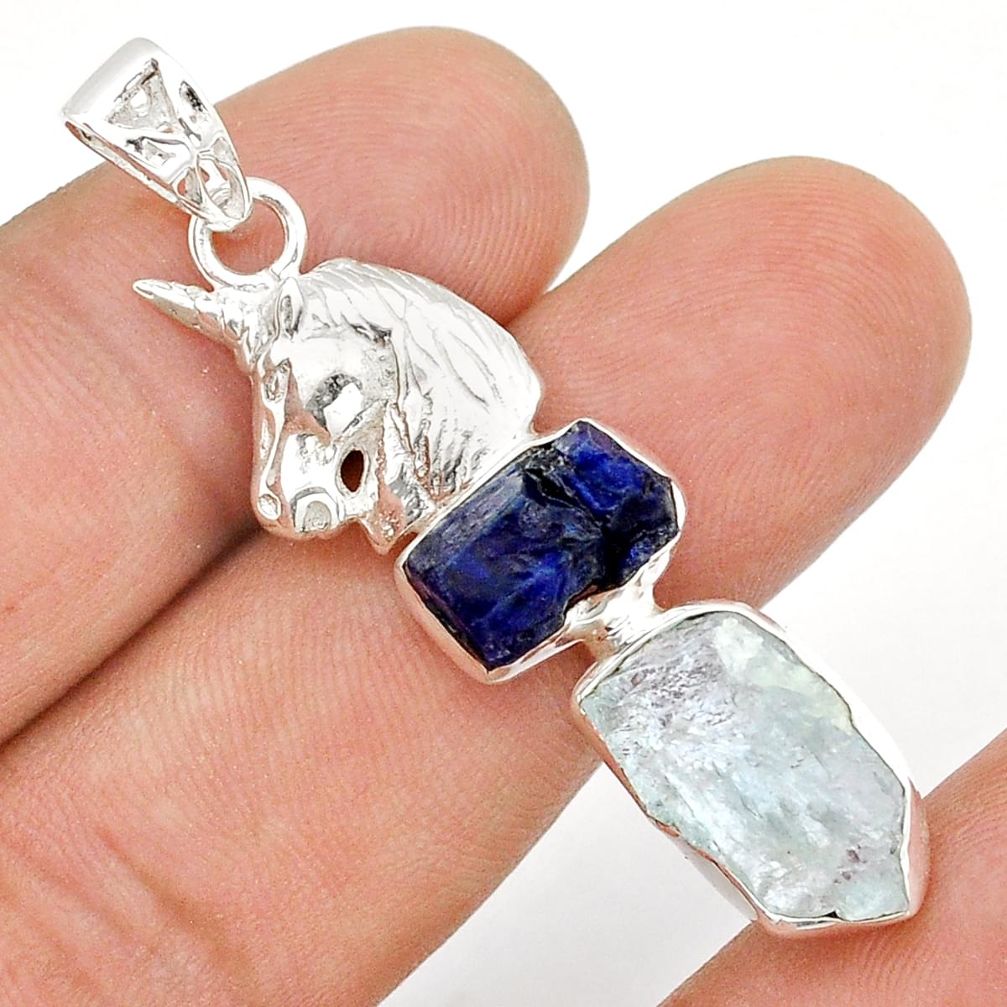 13.22cts natural aqua aquamarine sapphire rough 925 silver horse pendant u86543