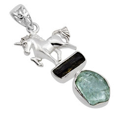 9.93cts natural aqua aquamarine tourmaline rough 925 silver horse pendant n13439