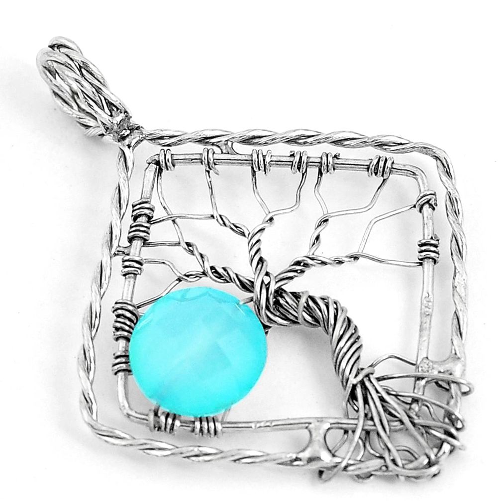 4.80cts natural aqua chalcedony 925 sterling silver tree of life pendant p43068