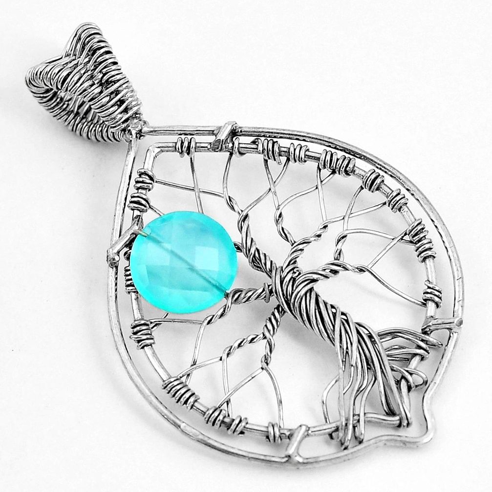 5.01cts natural aqua chalcedony 925 sterling silver tree of life pendant p43078