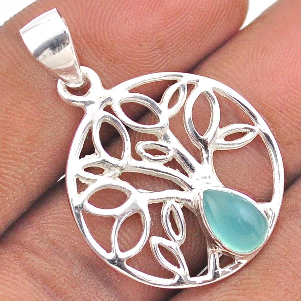 2.01cts natural aqua chalcedony 925 sterling silver tree of life pendant t88554