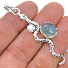 4.73cts natural aqua chalcedony pearl 925 sterling silver snake pendant u78849