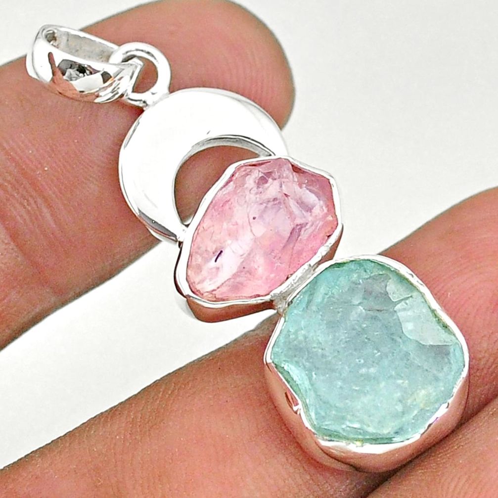 12.43cts natural aquamarine rough rose quartz moon 925 silver pendant t33625