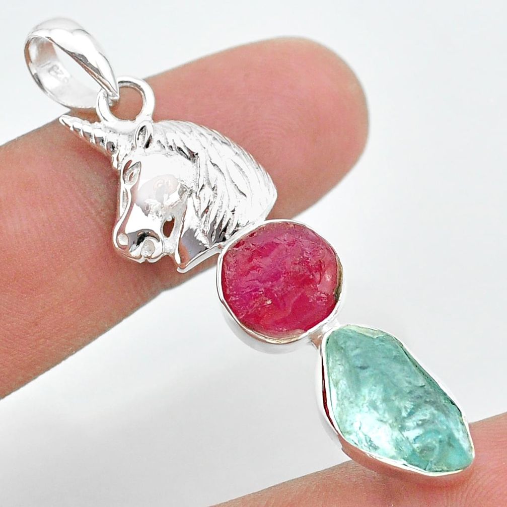 11.27cts natural aquamarine rough ruby raw 925 silver unicorn pendant t33685