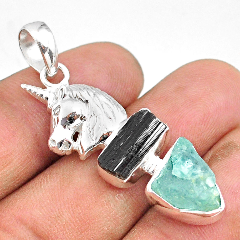 11.93cts natural aquamarine raw tourmaline rough silver horse pendant r80761