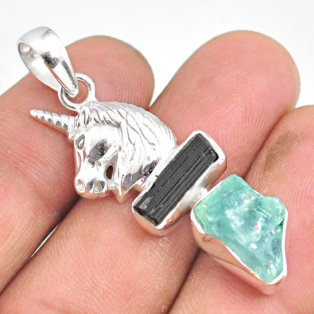 11.02cts natural aquamarine raw tourmaline rough silver horse pendant r80762