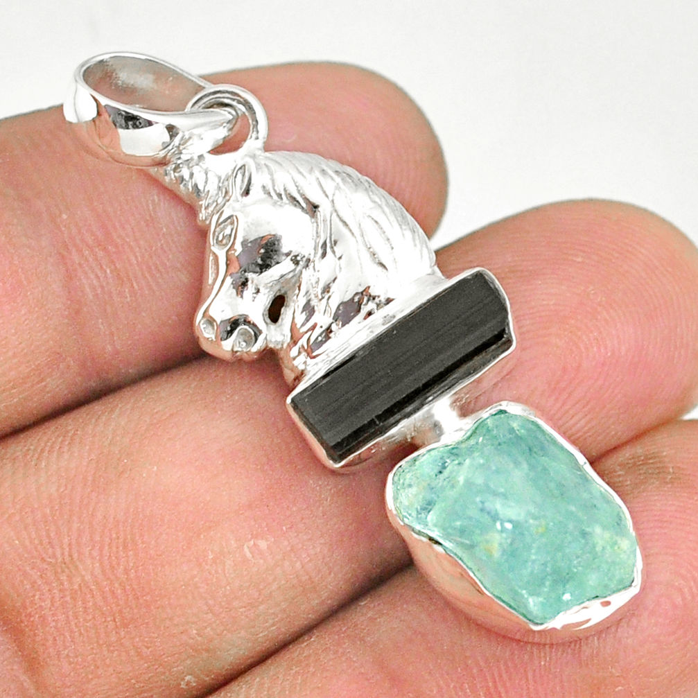 11.71cts natural aquamarine raw tourmaline rough silver horse pendant r80763