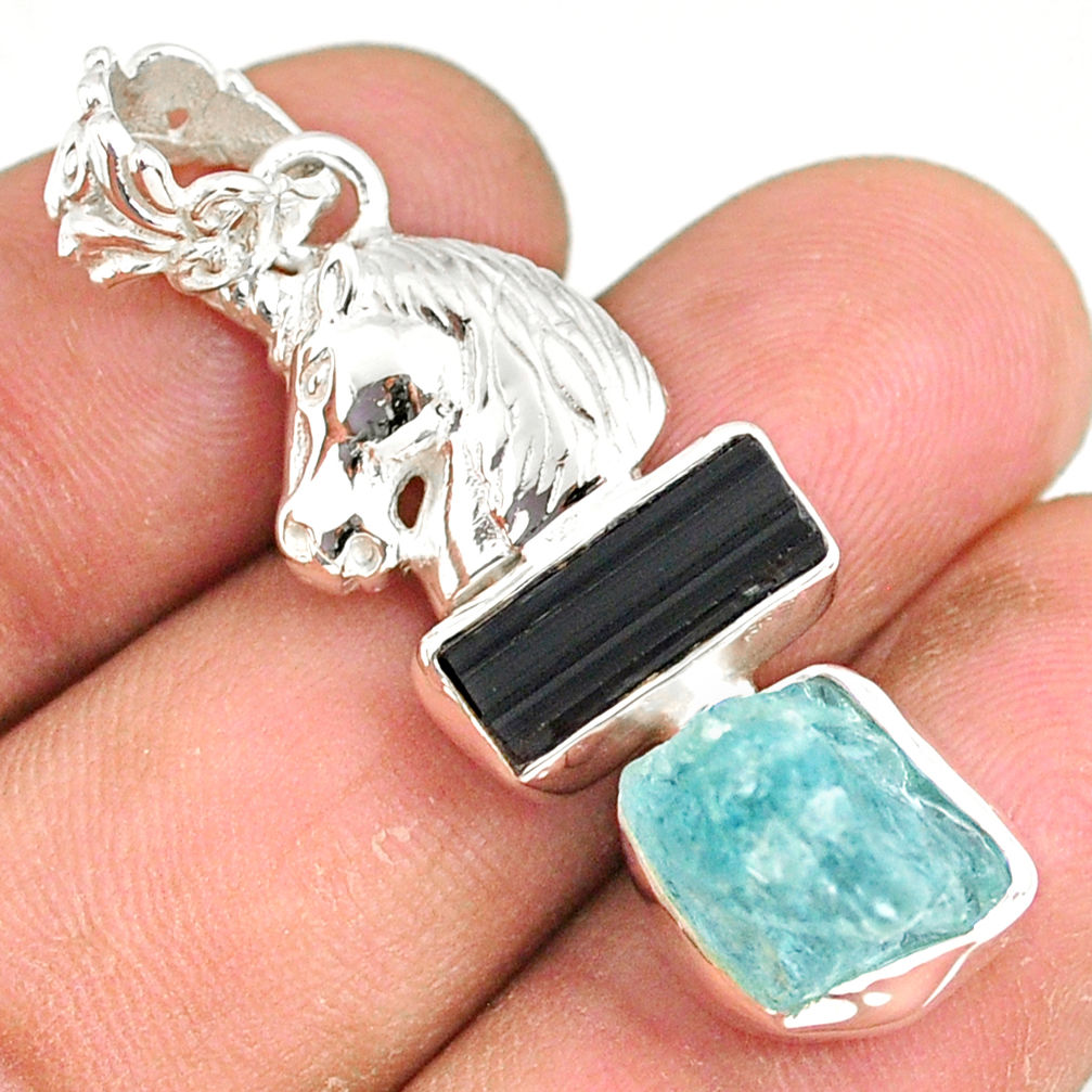 12.32cts natural aquamarine raw tourmaline rough silver horse pendant r80764