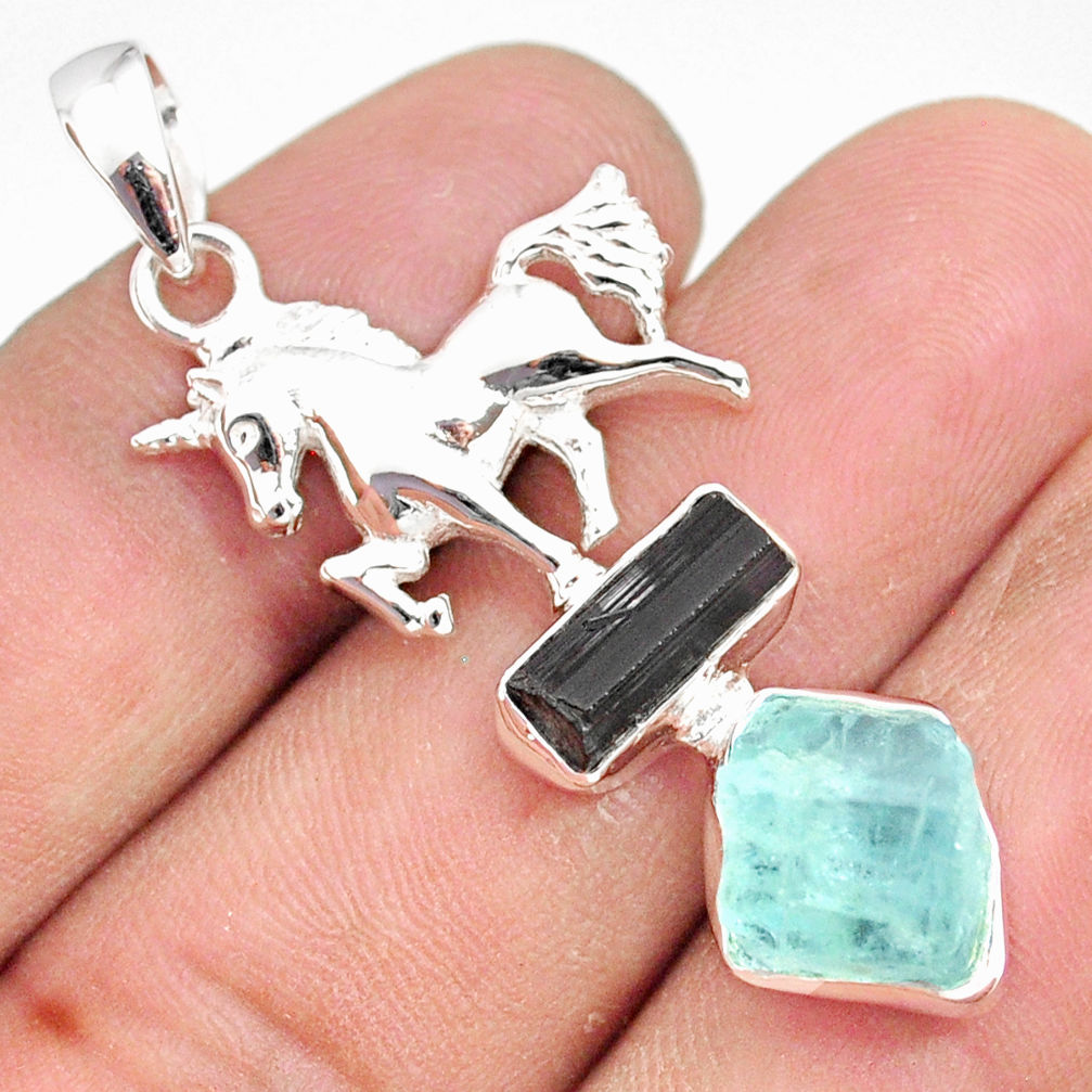 11.30cts natural aquamarine raw tourmaline rough silver horse pendant r80830