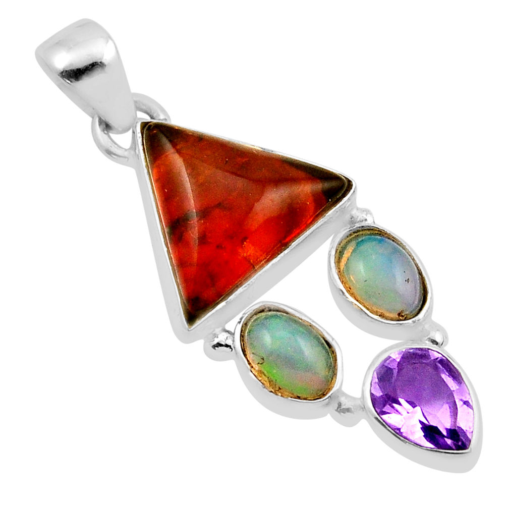 5.23cts natural baltic amber ethiopian opal amethyst 925 silver pendant y87439