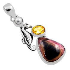 16.92cts natural bio tourmaline citrine pearl 925 silver seahorse pendant n25277