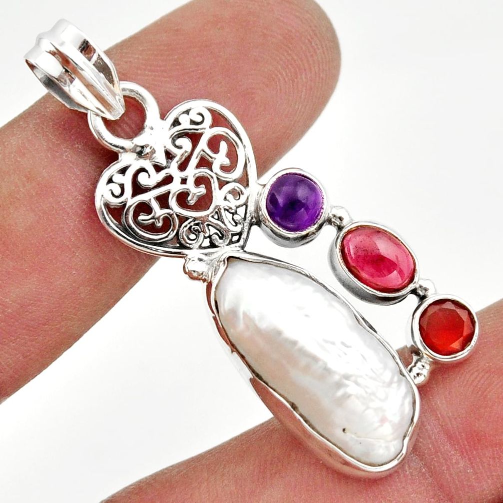 15.47cts natural biwa pearl cornelian (carnelian) silver heart pendant d47340