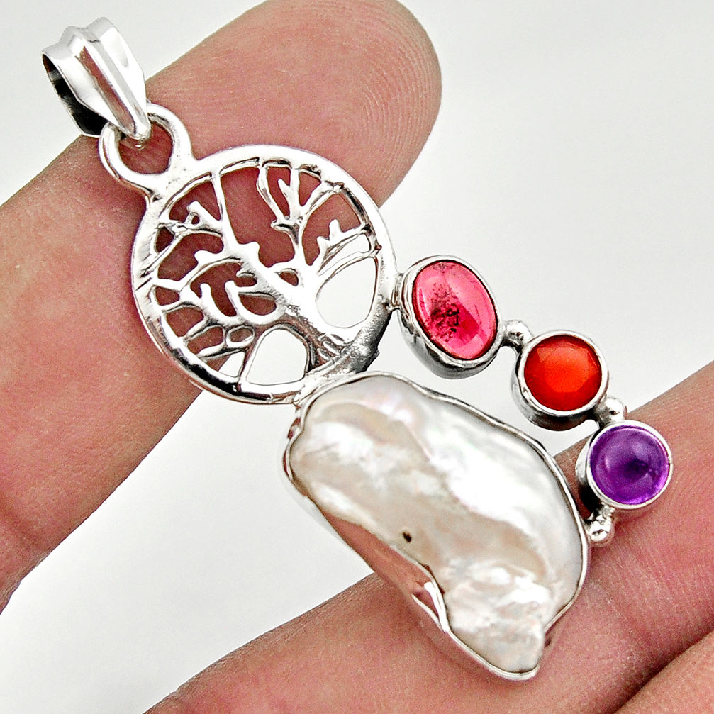 15.16cts natural biwa pearl cornelian 925 silver tree of life pendant d47336