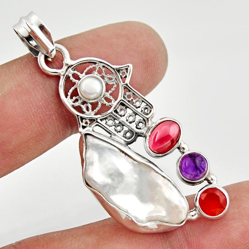 14.63cts natural biwa pearl cornelian silver hand of god hamsa pendant d47324