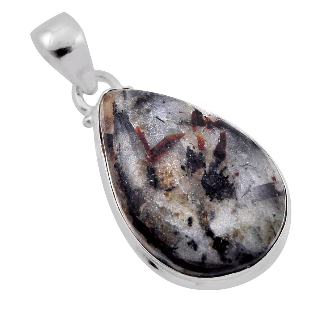 14.47cts natural black astrophyllite (star leaf) pear 925 silver pendant n23527