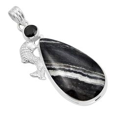 26.54cts natural black banded oil shale pear onyx 925 silver fish pendant y21685