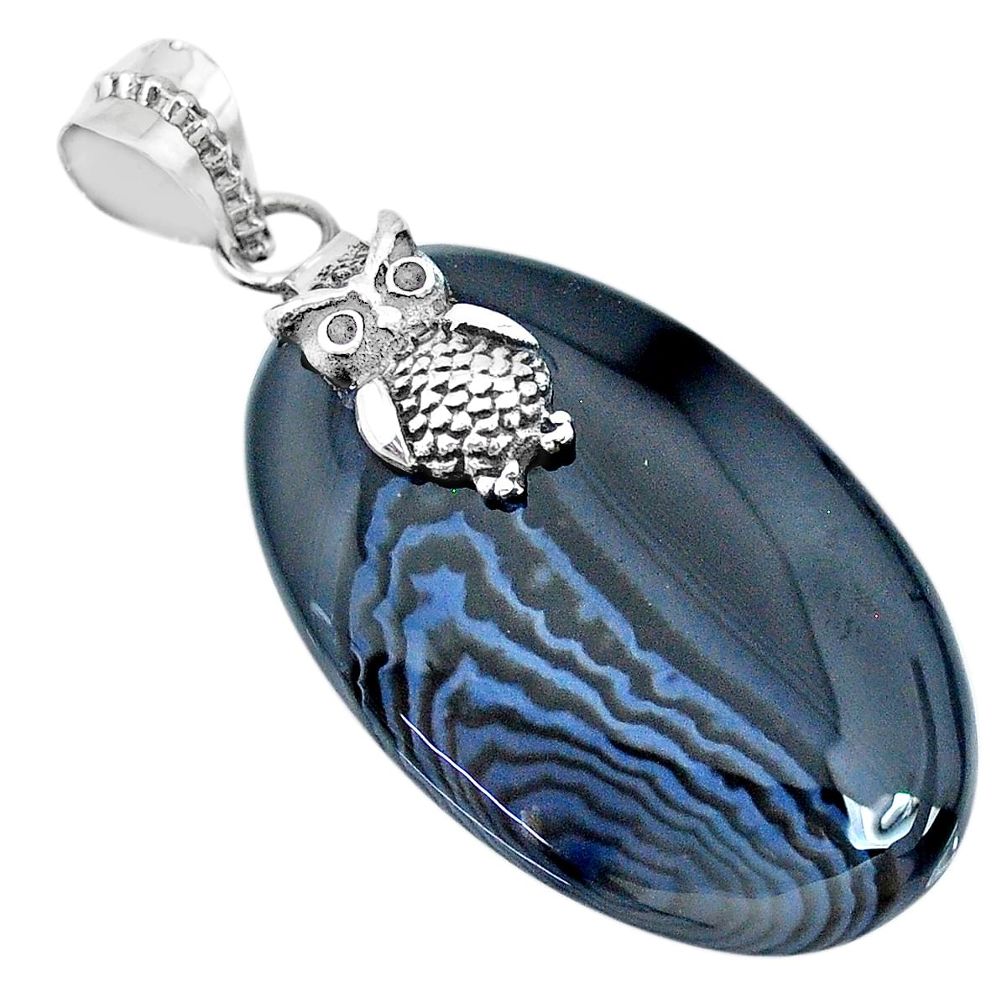 33.54cts natural black botswana agate 925 sterling silver owl pendant r74519