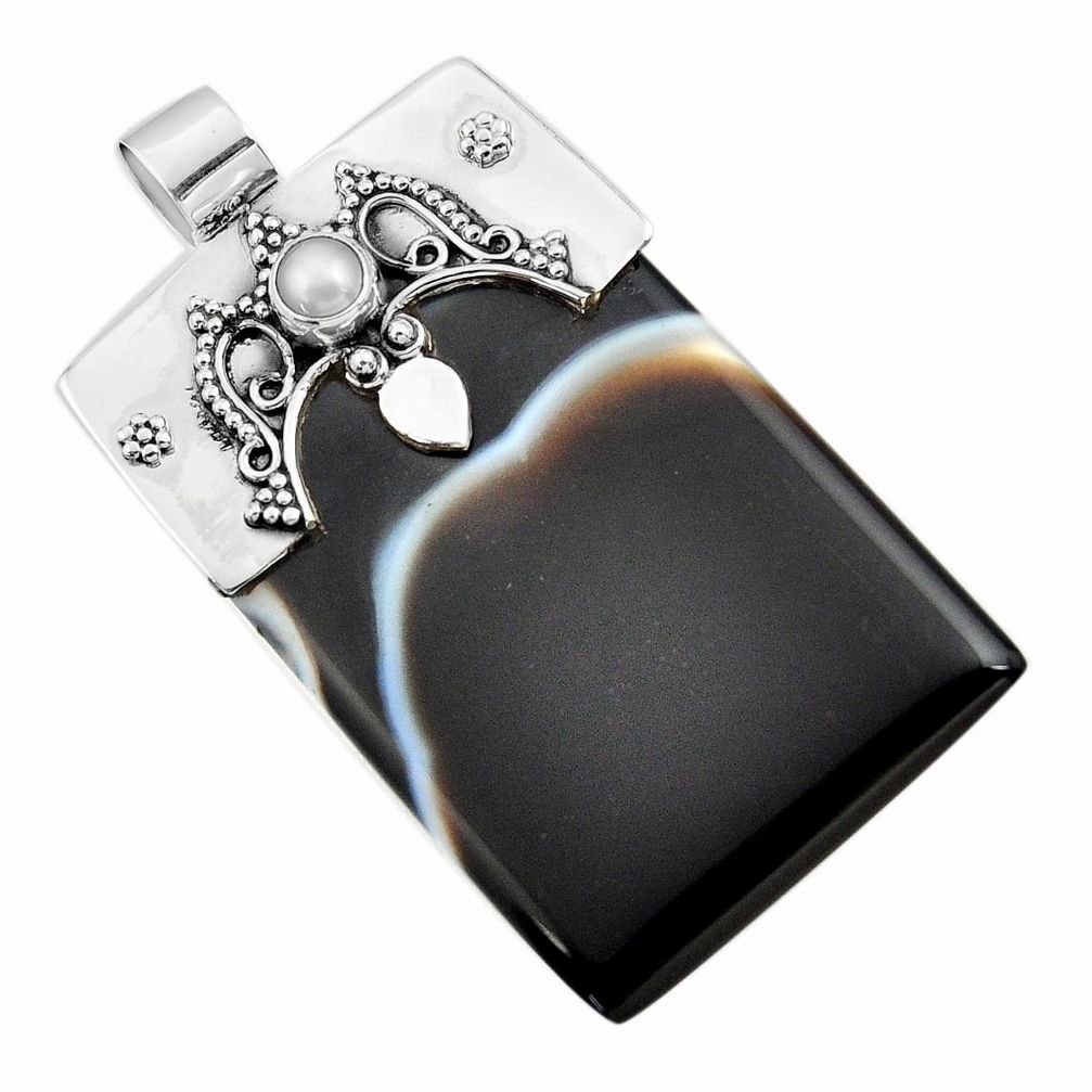 49.23cts natural black botswana agate pearl 925 sterling silver pendant d45563