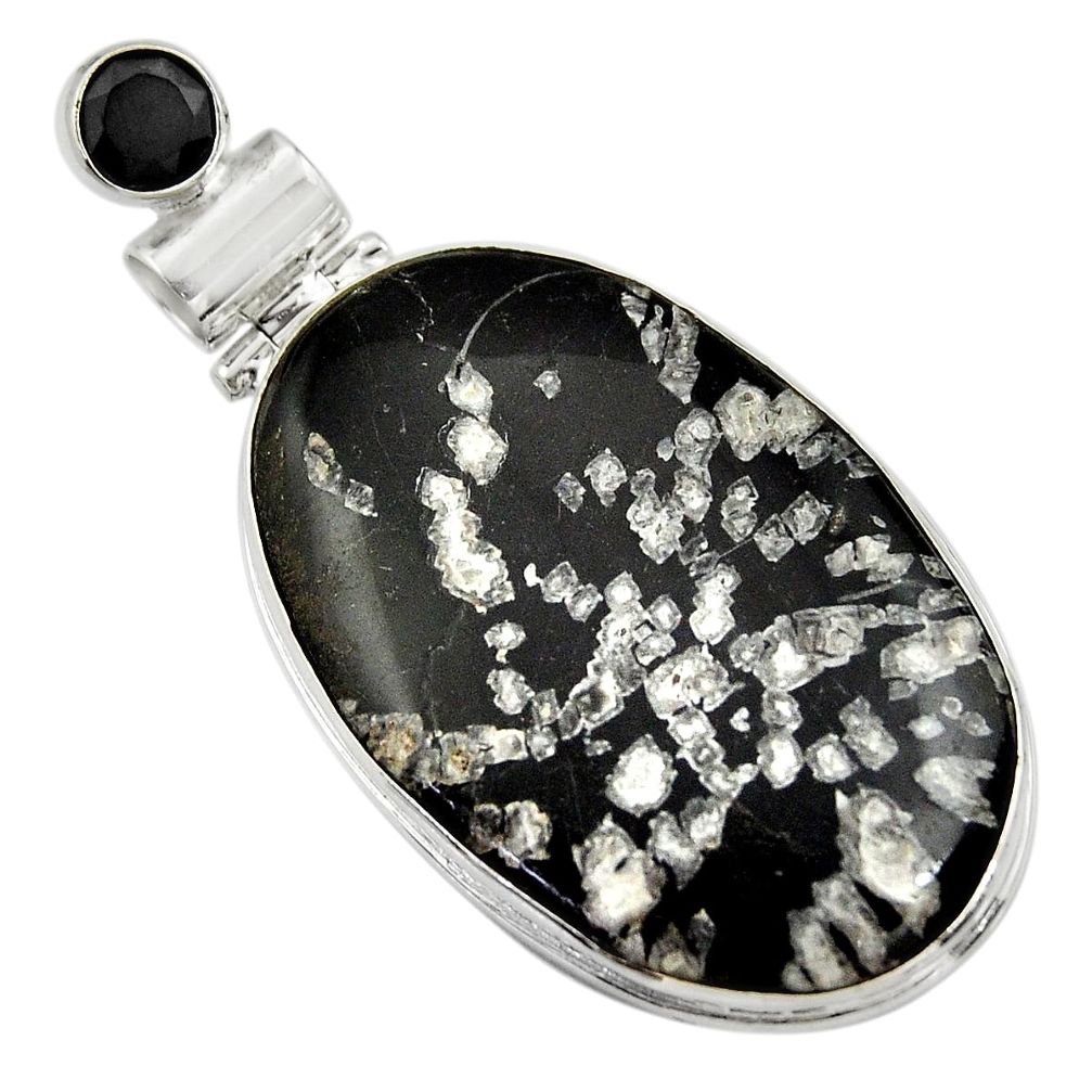 30.86cts natural black chrysanthemum onyx 925 sterling silver pendant r30573