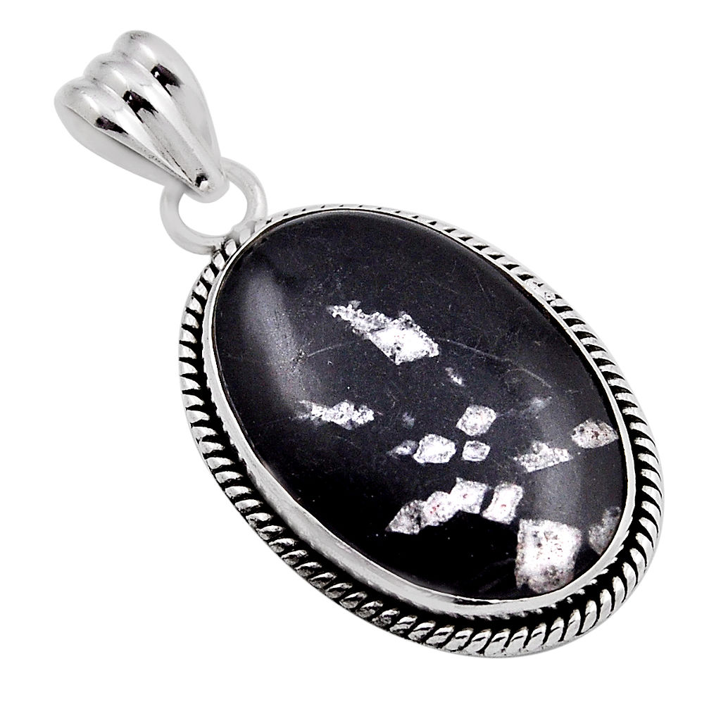 18.41cts natural black chrysanthemum oval sterling silver pendant jewelry n23488
