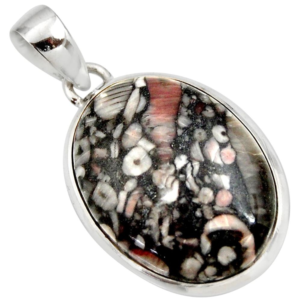18.28cts natural black crinoid fossil 925 sterling silver pendant jewelry d41982