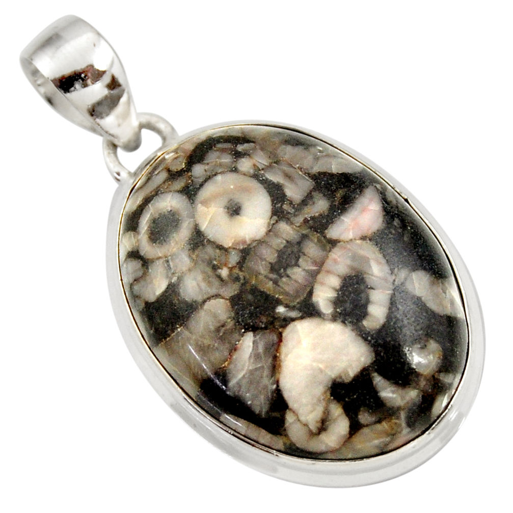 24.00cts natural black crinoid fossil 925 sterling silver pendant jewelry d42000